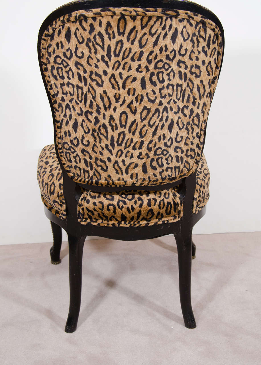 19th Century Pair of Antique Ebonized Slipper Chairs with Velvet Leopard Print Upholstery