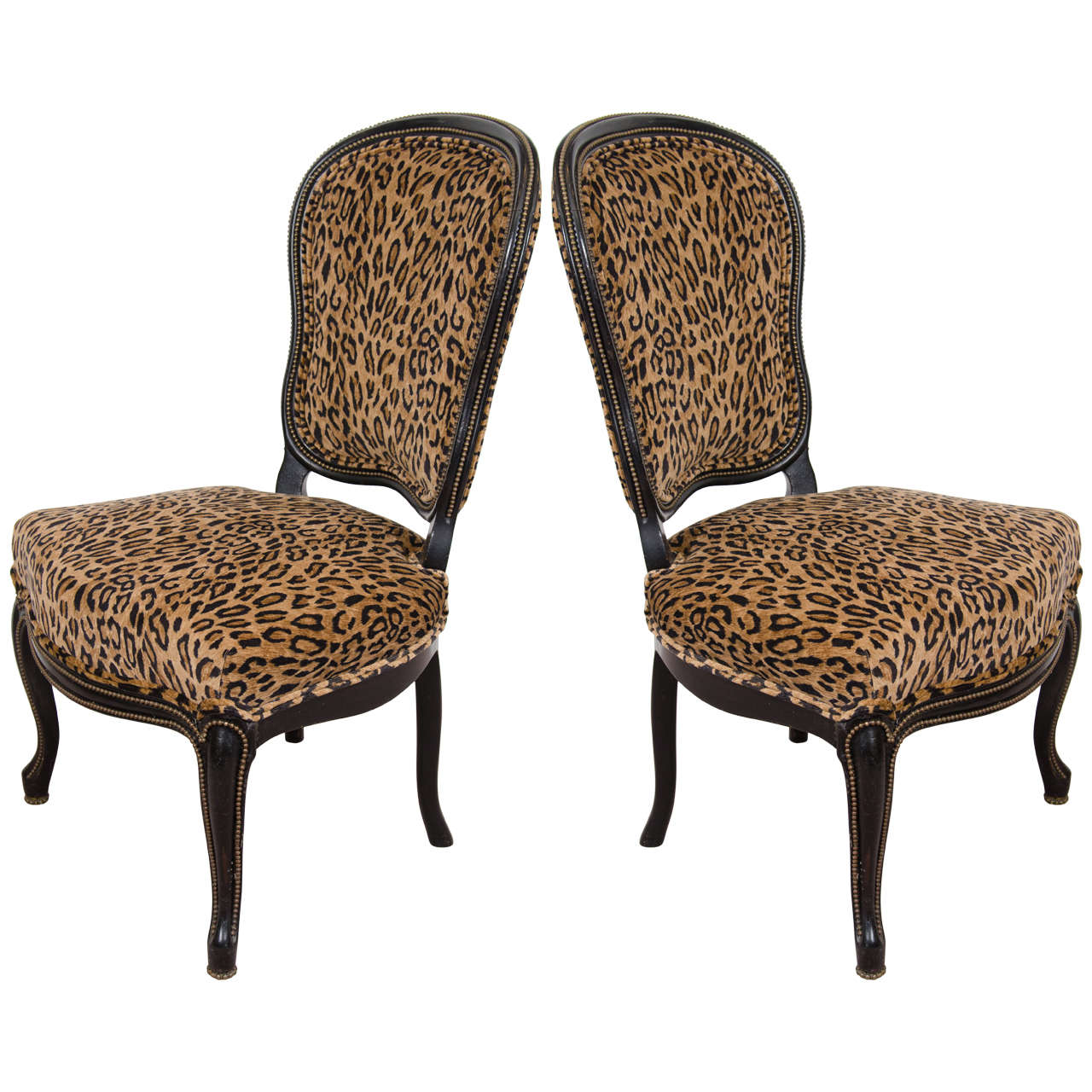 Pair of Antique Ebonized Slipper Chairs with Velvet Leopard Print Upholstery