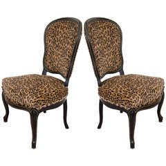 Pair of Antique Ebonized Slipper Chairs with Velvet Leopard Print Upholstery