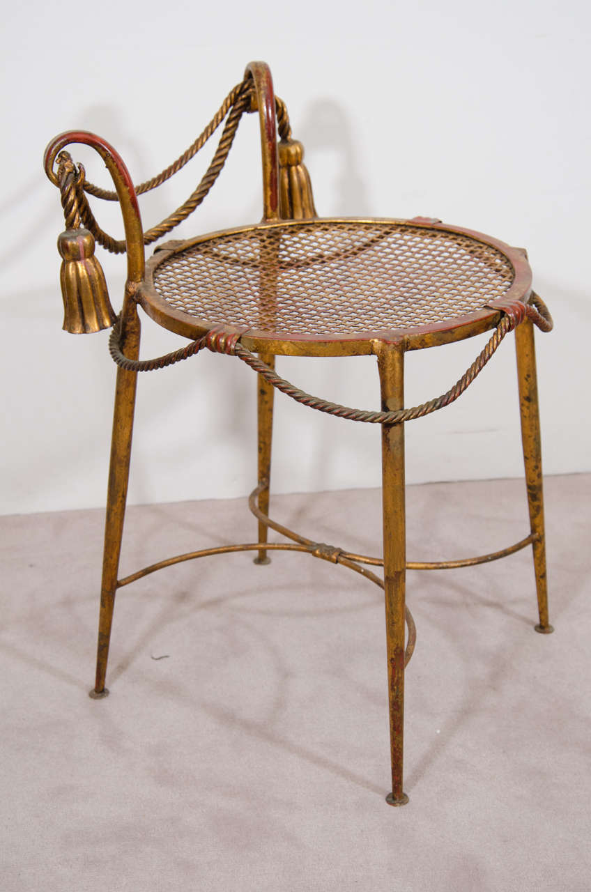 Midcentury Italian Gilt Metal Stool with Rope and Tassel Adornment In Good Condition In New York, NY