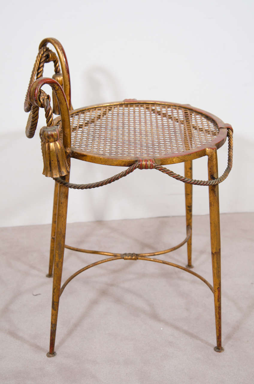 20th Century Midcentury Italian Gilt Metal Stool with Rope and Tassel Adornment