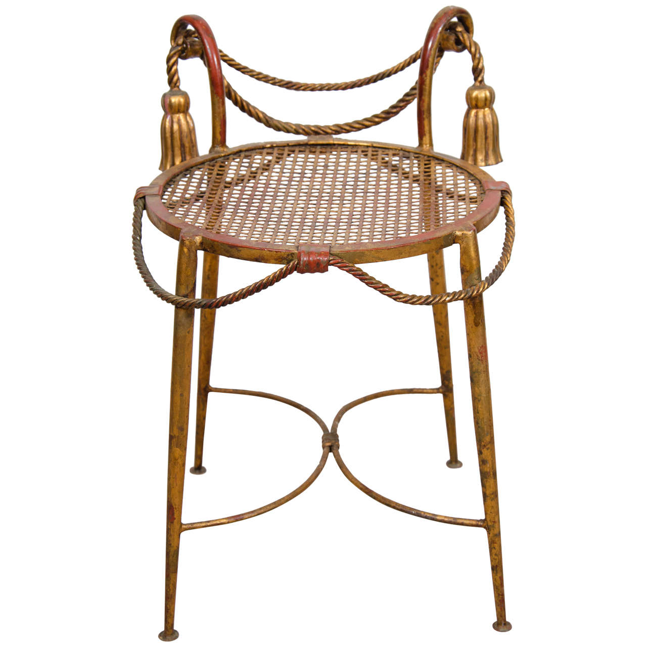 Midcentury Italian Gilt Metal Stool with Rope and Tassel Adornment