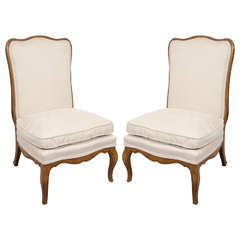 Hollywood Regency Pair of Slipper Chairs with Walnut Frames