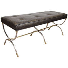 Midcentury Maison Jansen Steel and Brass Long Bench in Leather Upholstery