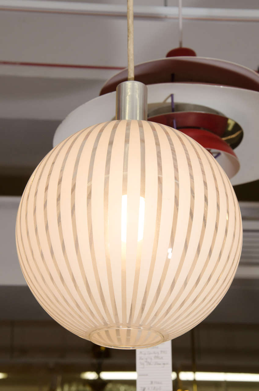 An Italian Midcentury Clear Glass Globe Pendant with White Stripes For Sale 2
