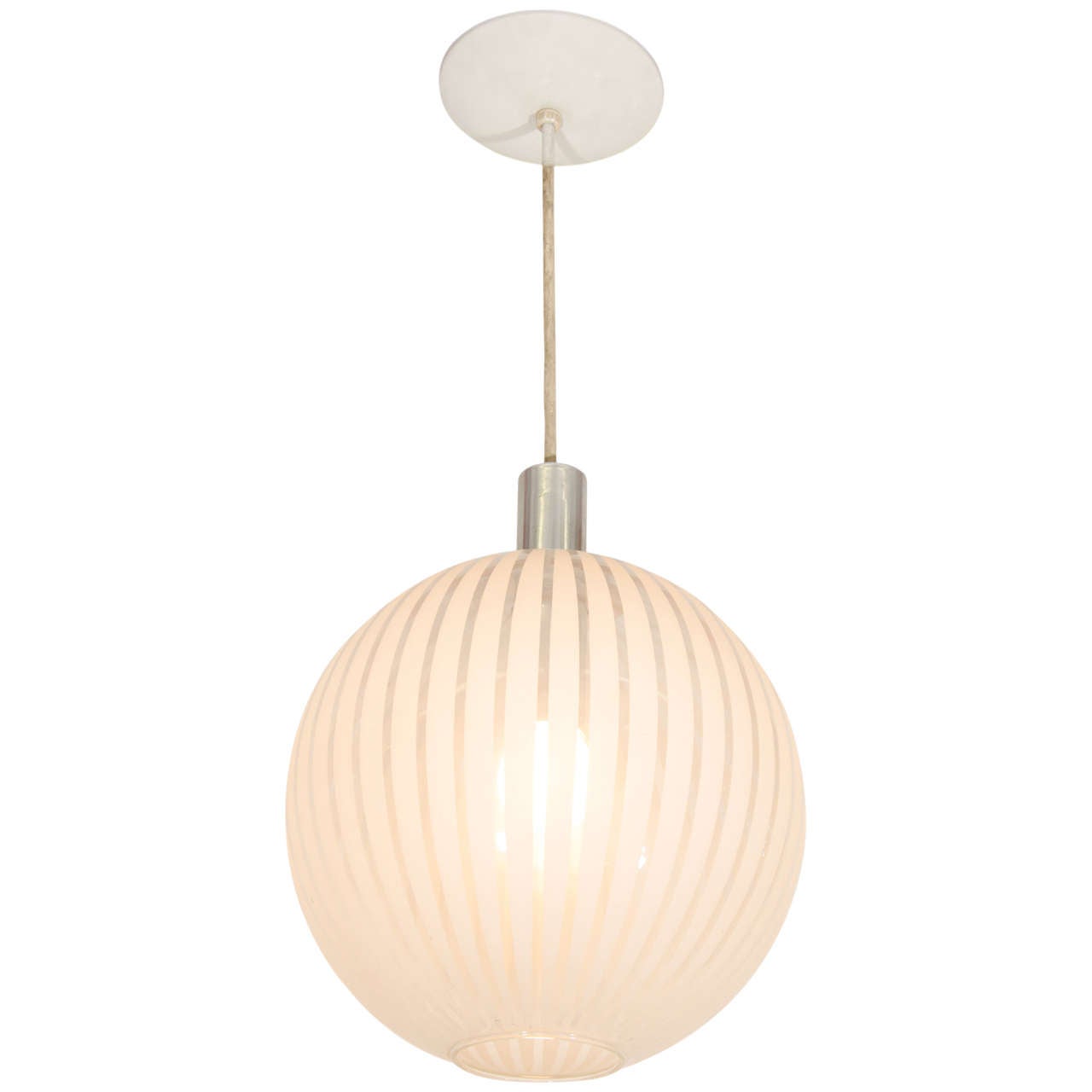 An Italian Midcentury Clear Glass Globe Pendant with White Stripes For Sale