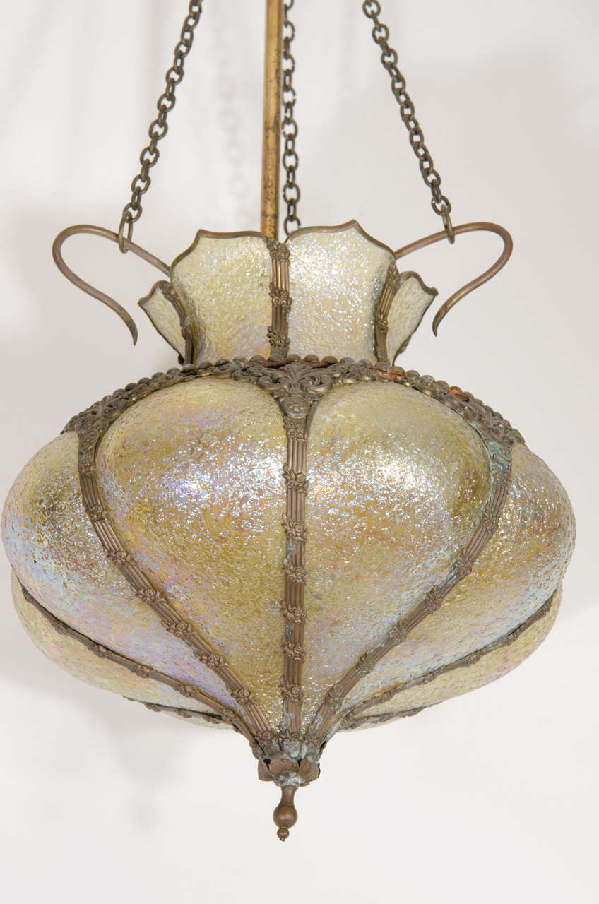 Art Nouveau Hanging Lantern with Pale Yellow Iridescent Glass In Good Condition In New York, NY