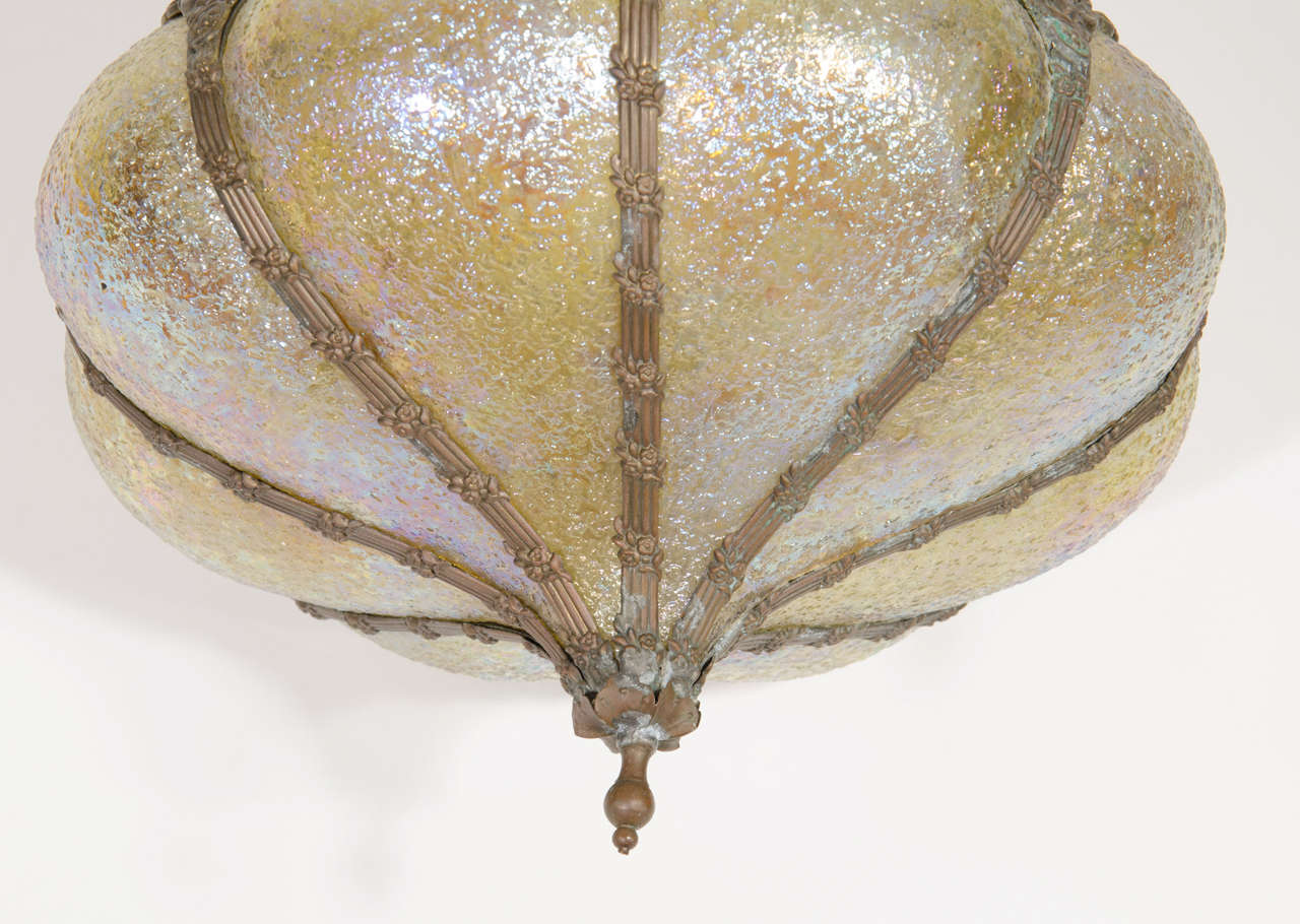 20th Century Art Nouveau Hanging Lantern with Pale Yellow Iridescent Glass