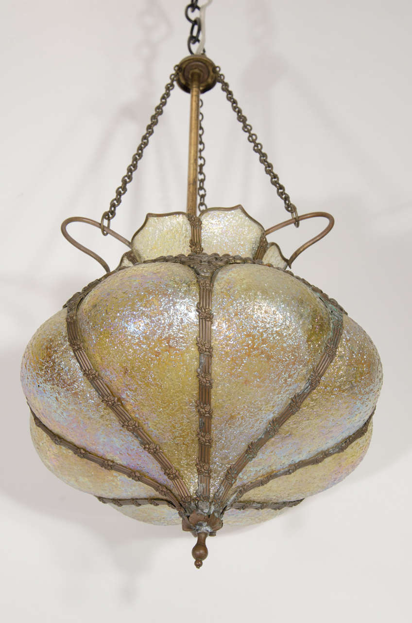 Art Nouveau Hanging Lantern with Pale Yellow Iridescent Glass 1