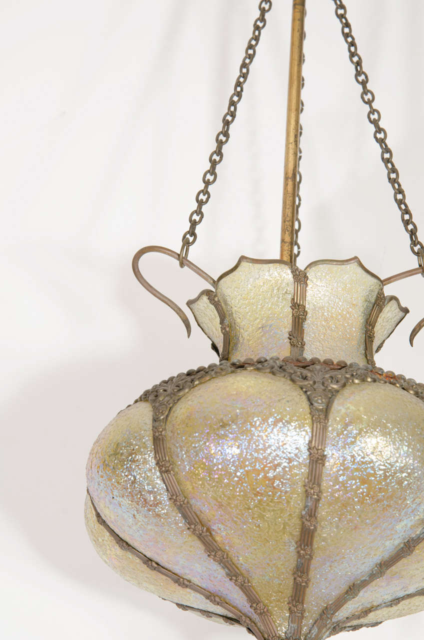 Art Nouveau Hanging Lantern with Pale Yellow Iridescent Glass 2
