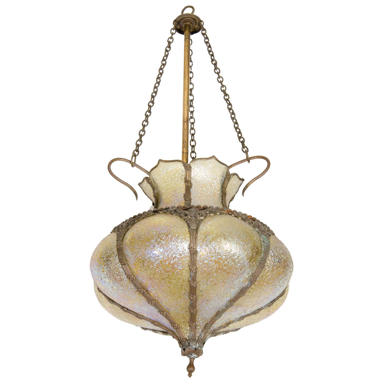 Art Nouveau Hanging Lantern with Pale Yellow Iridescent Glass