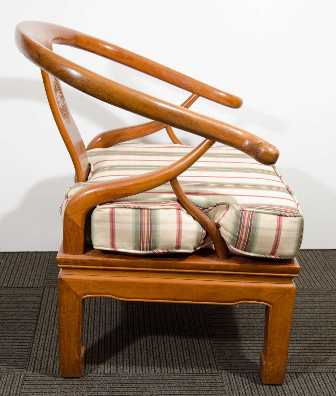 Wood Pair of Chinese Solid Rosewood Carved Horseshoe-Shaped Armchairs