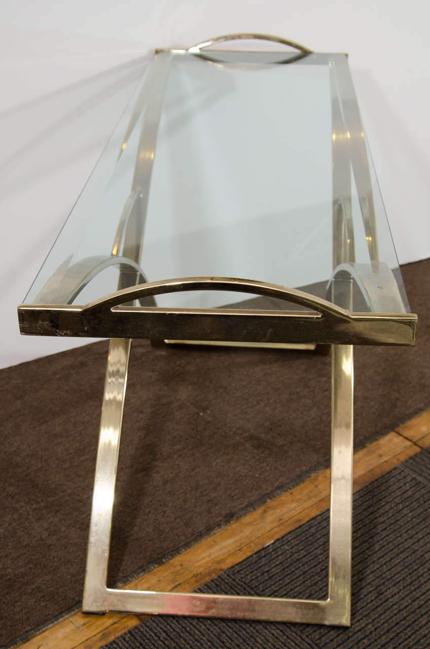 Late 20th Century A Midcentury Curved Brass X-Base Console Table with Handles