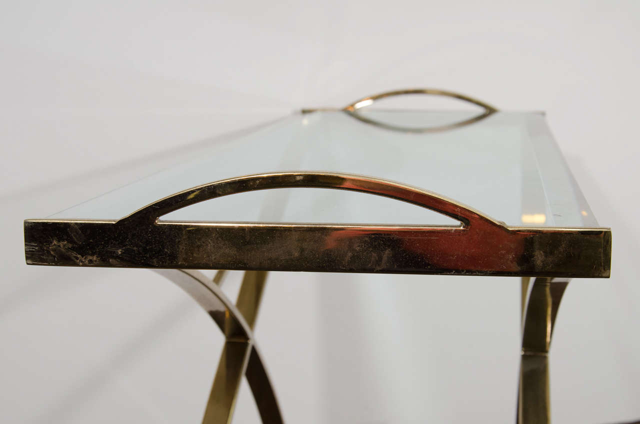 A Midcentury Curved Brass X-Base Console Table with Handles 1
