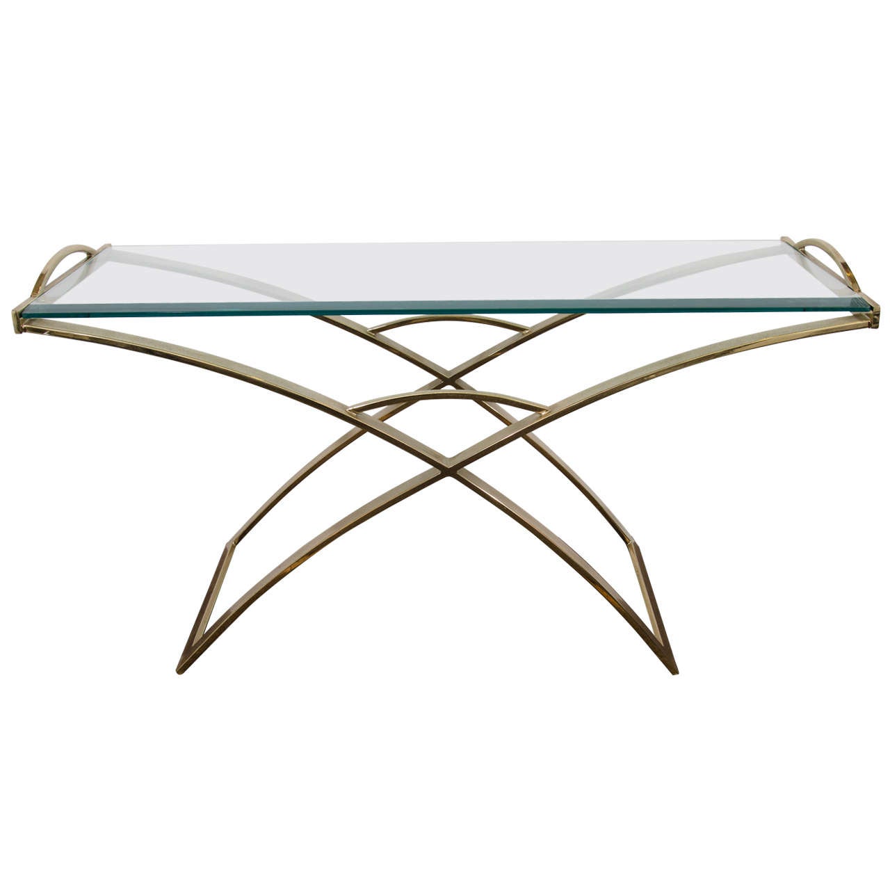 A Midcentury Curved Brass X-Base Console Table with Handles