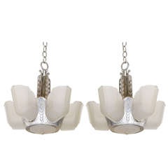An Art Deco Pair of Pendants with Fluted Frosted Glass Shades 3