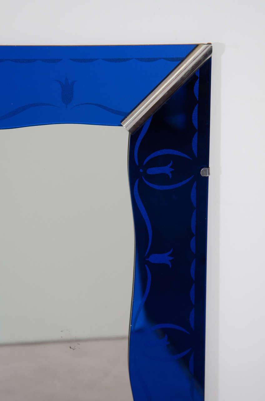 Art Deco Cobalt Blue Wall Mirror with Etched Border at 1stDibs