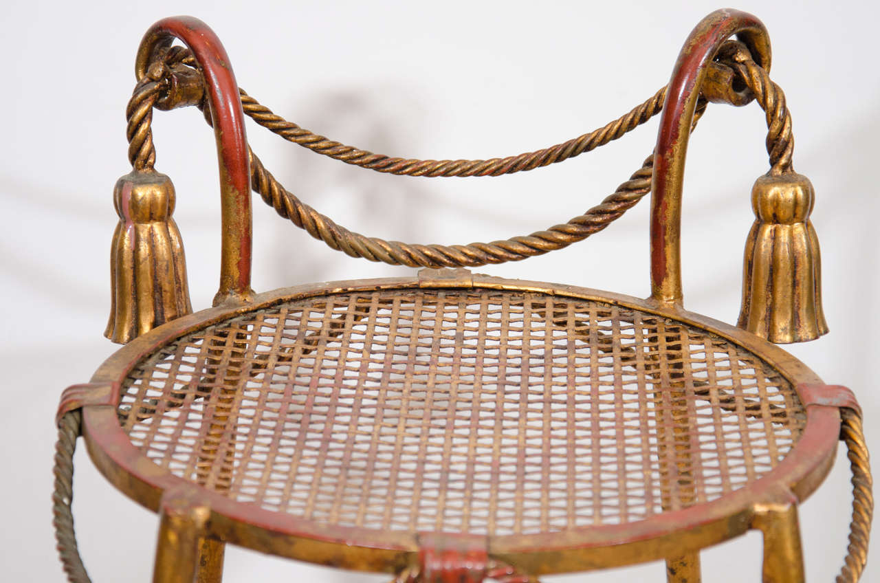 Midcentury Italian Gilt Metal Stool with Rope and Tassel Adornment at