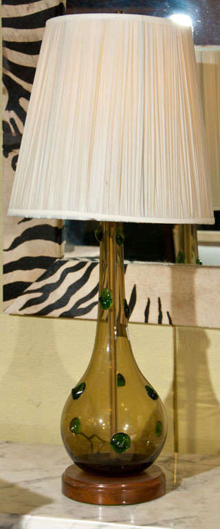 Fantastic pair of handblown glass lamps from the 1950s set on a wooden base. Shades not included.