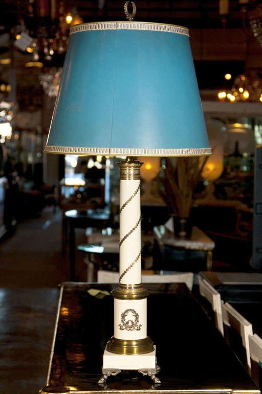 Pair of French Empire style column-form enameled and bronze mounted table lamps, raised on squared and footed base, custom shades and finials.