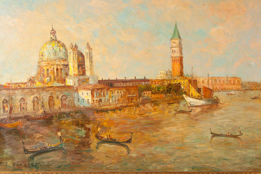 American Oil Painting of Venice Harbor by T L Novaretti