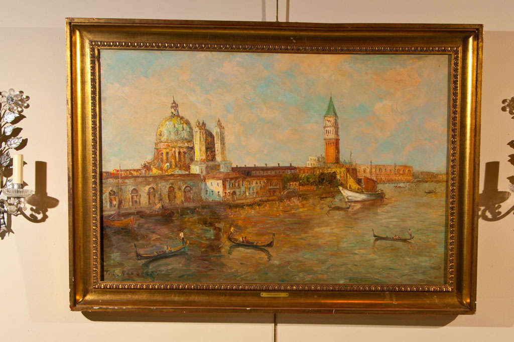 Lovely oil painting of scenic Venice, Italy Harbor signed T L Novaretti. In Gold-leaf frame.

  