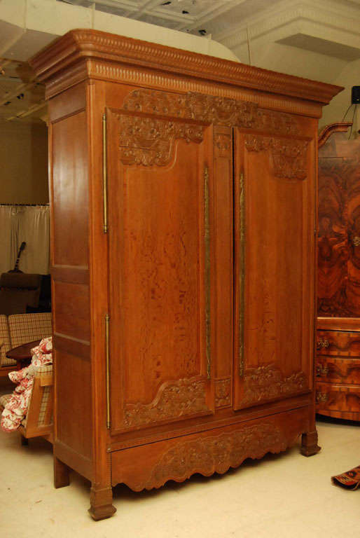Tall French two-door armoire in oak with panels carved with cornucopia of grapes and flowers, hinges and escutcheons in brass, and below an easily pulled out bottom drawer.