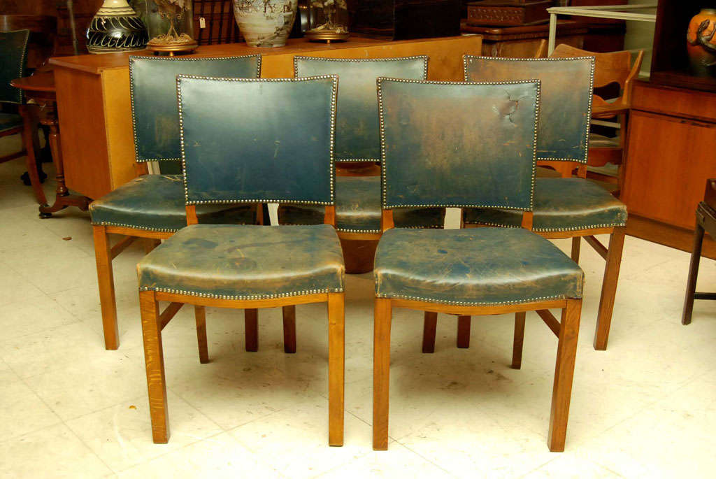 Danish Set of 10 Blue Leather Dining Chairs