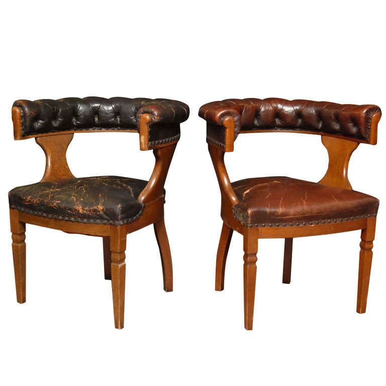 Pair of English Oak and Leather Library Chairs For Sale at 1stdibs