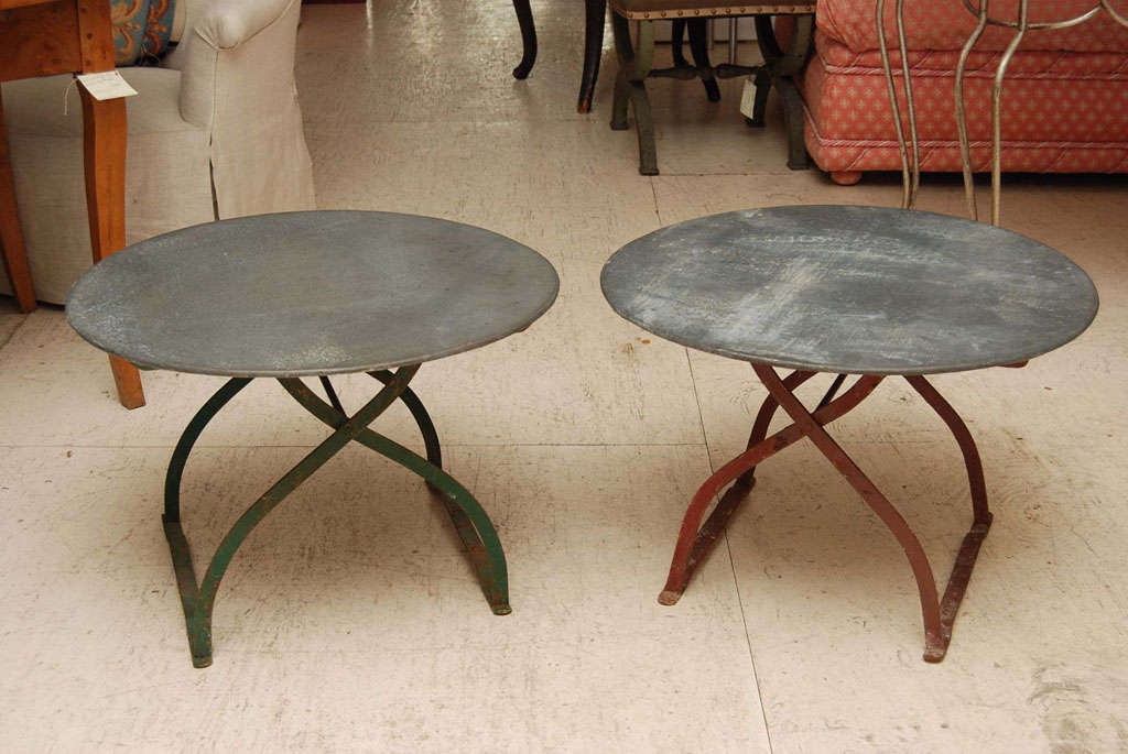 A pair of Low Garden Tables, ideal for outside or inside use   Each Table has a contrasting painted base with a beautifully aged galvanized top