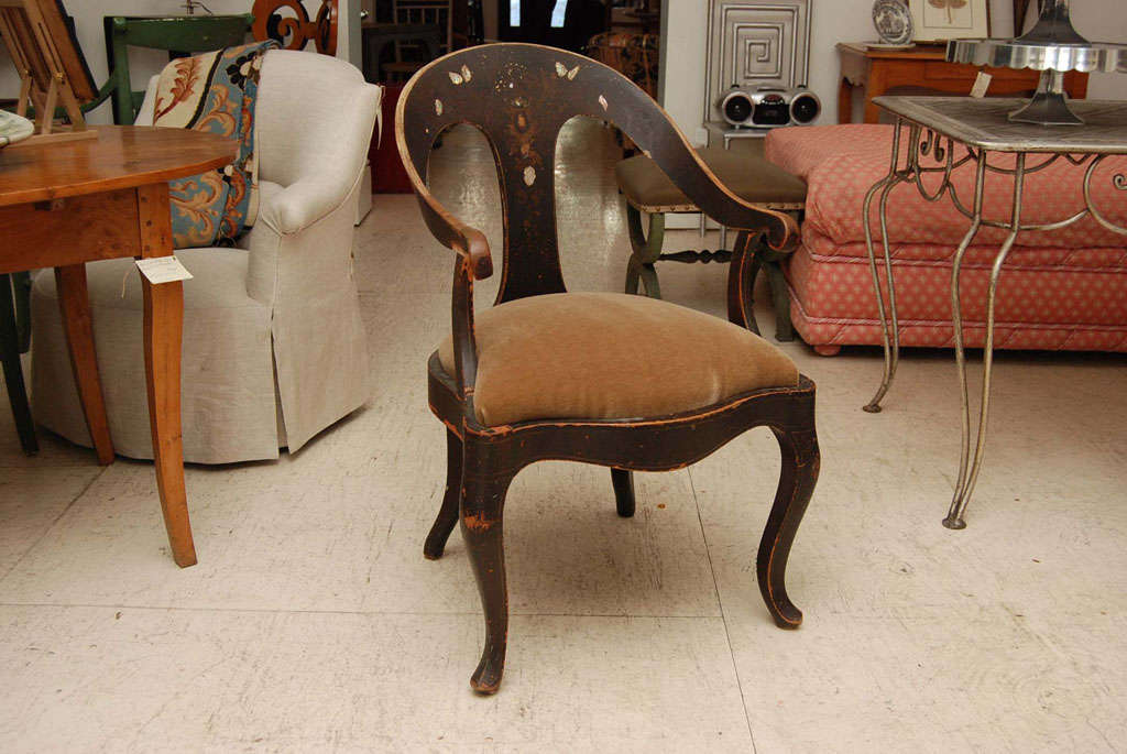Spoon back Continental chair with original mother-of-pearl decoration.<br />
Newly upholstered camel colored mohair.