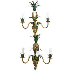 Pair of Maison Charles Pineapple Tole Leaf Wall Sconces