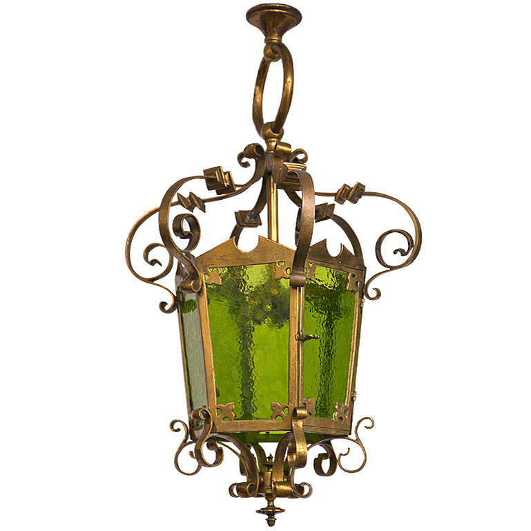 Unique Large Bronze Lantern with Green Glass For Sale