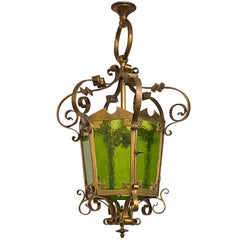 Unique Large Bronze Lantern with Green Glass