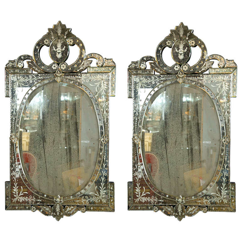 Pair of Venetian Style Etched Glass Mirrors
