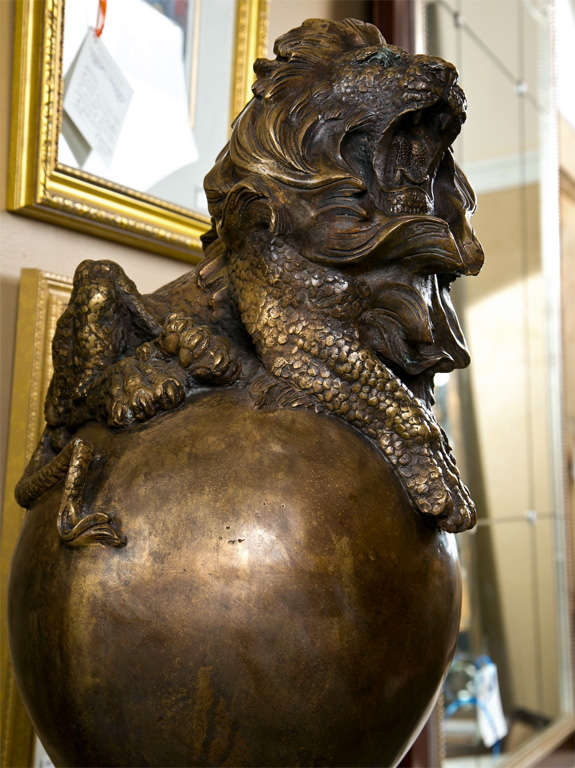 20th Century Pair of Bronze Lions on Pedestals 