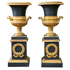 Pair of Iron Table Urns on pedestals