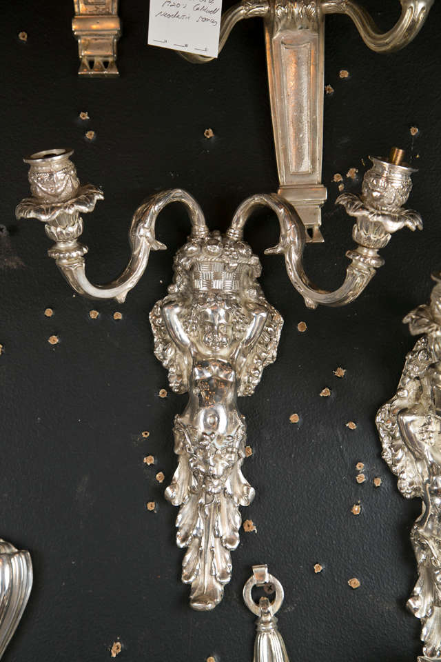 Set of Eight Caldwell silverplated sconces Circa 1900. Wired to your specifications. Priced per pair.