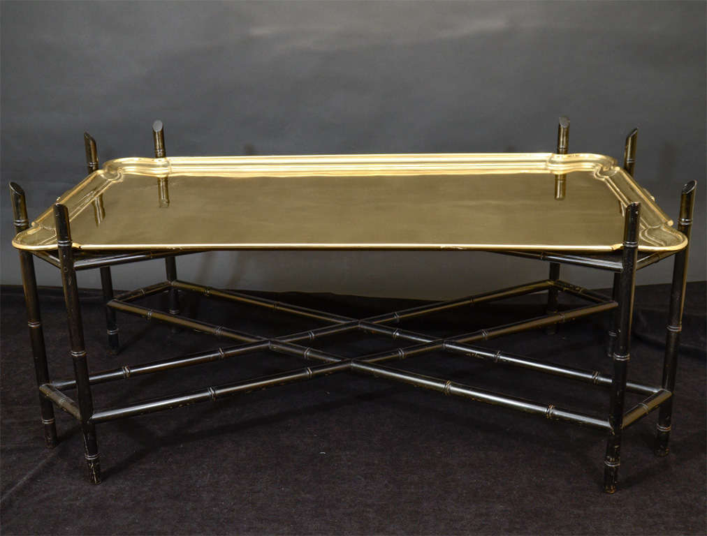 Polished Brass and Ebonized Wood Tray Table With Side Handles.  The Base Has a Wonderfully Carved Bamboo Motif.