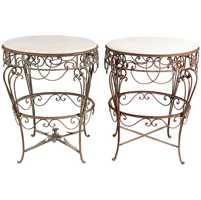 Pair of Iron Tables with Marble Tops For Sale