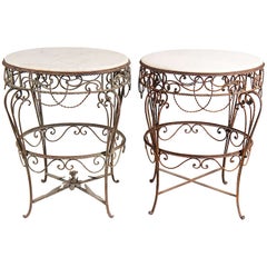 Vintage Pair of Iron Tables with Marble Tops
