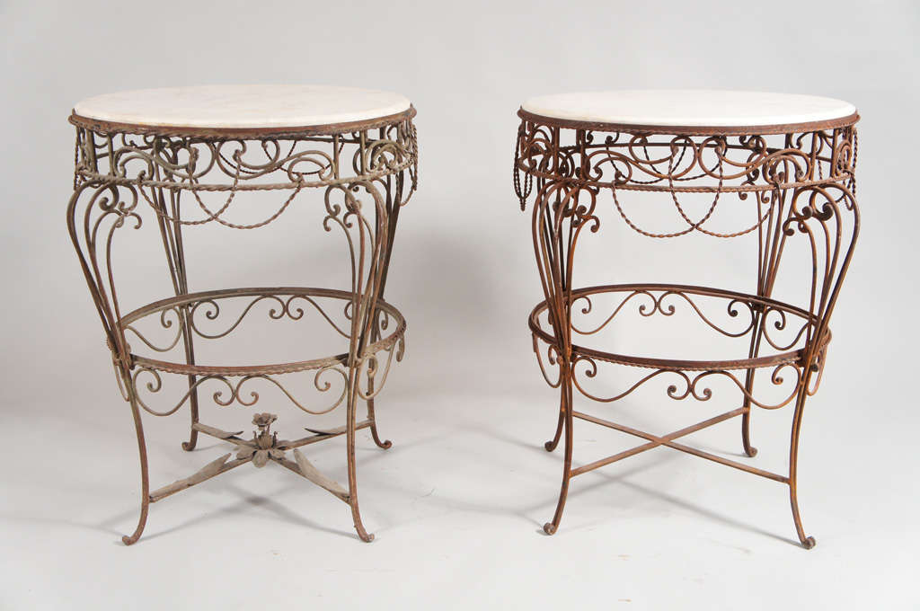 French Pair of Iron Tables with Marble Tops For Sale
