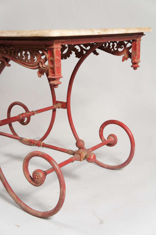 French Marble Top Table with Red Iron Base