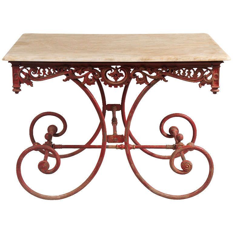 Marble Top Table with Red Iron Base at 1stDibs