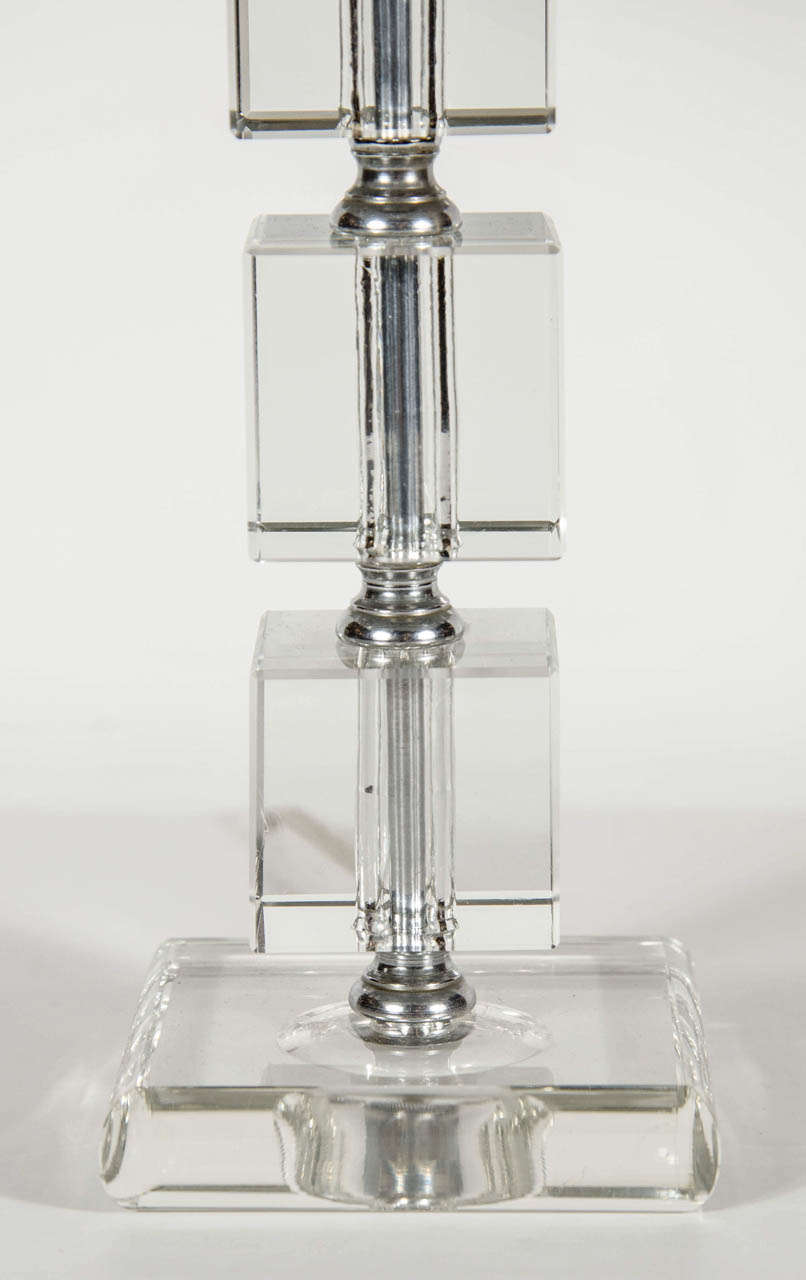 American Pair of Elegant Art Deco Cut Crystal Stacked Cube Lamps