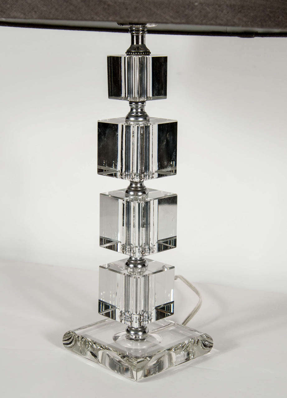 20th Century Pair of Elegant Art Deco Cut Crystal Stacked Cube Lamps