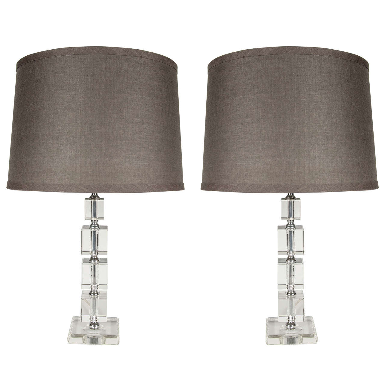 Pair of Elegant Art Deco Cut Crystal Stacked Cube Lamps