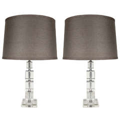 Pair of Elegant Art Deco Cut Crystal Stacked Cube Lamps