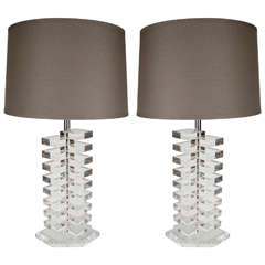 Brilliant Pair of Mid-Century Modernist Stacked Lucite Lamps