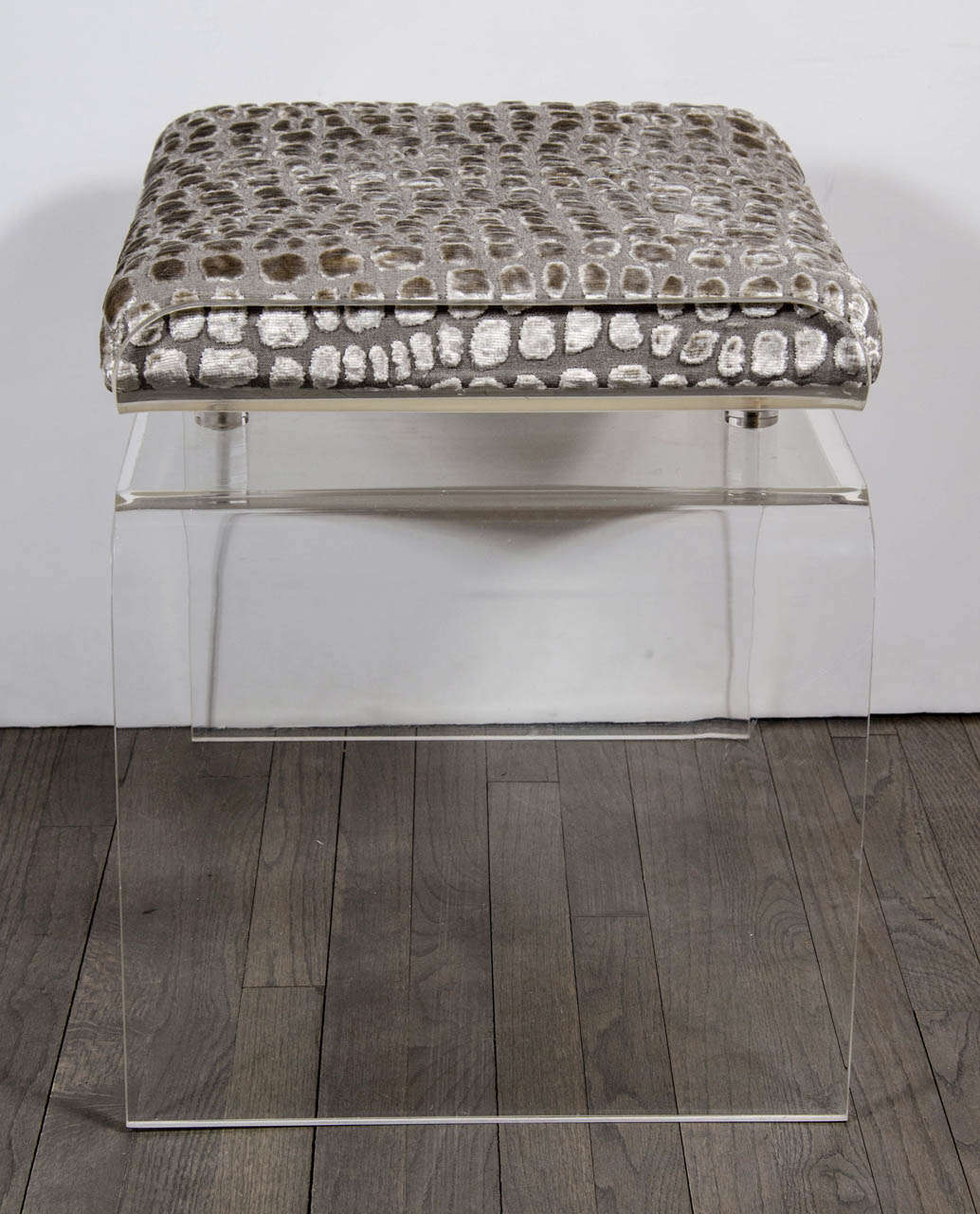 Luxe Lucite Bench / Stool With Smokey Brown Gauffraged Velvet Upholstery In Excellent Condition In New York, NY